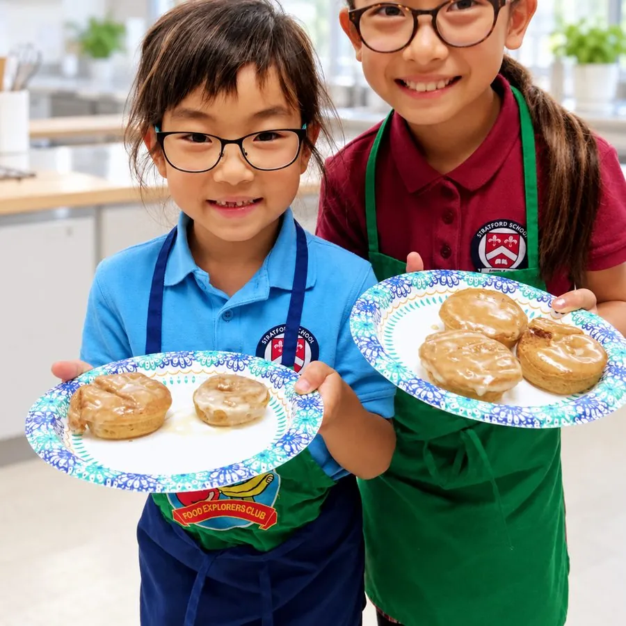 Two students in Food Explorers aprons holding up the plates of glazed apple doughnuts they baked