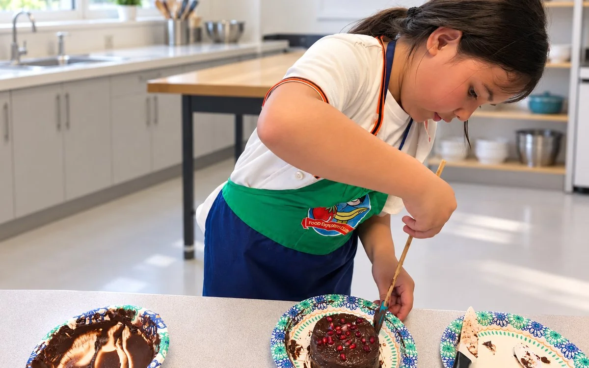 A student decorating the chocolate cake she baked during an after-school club