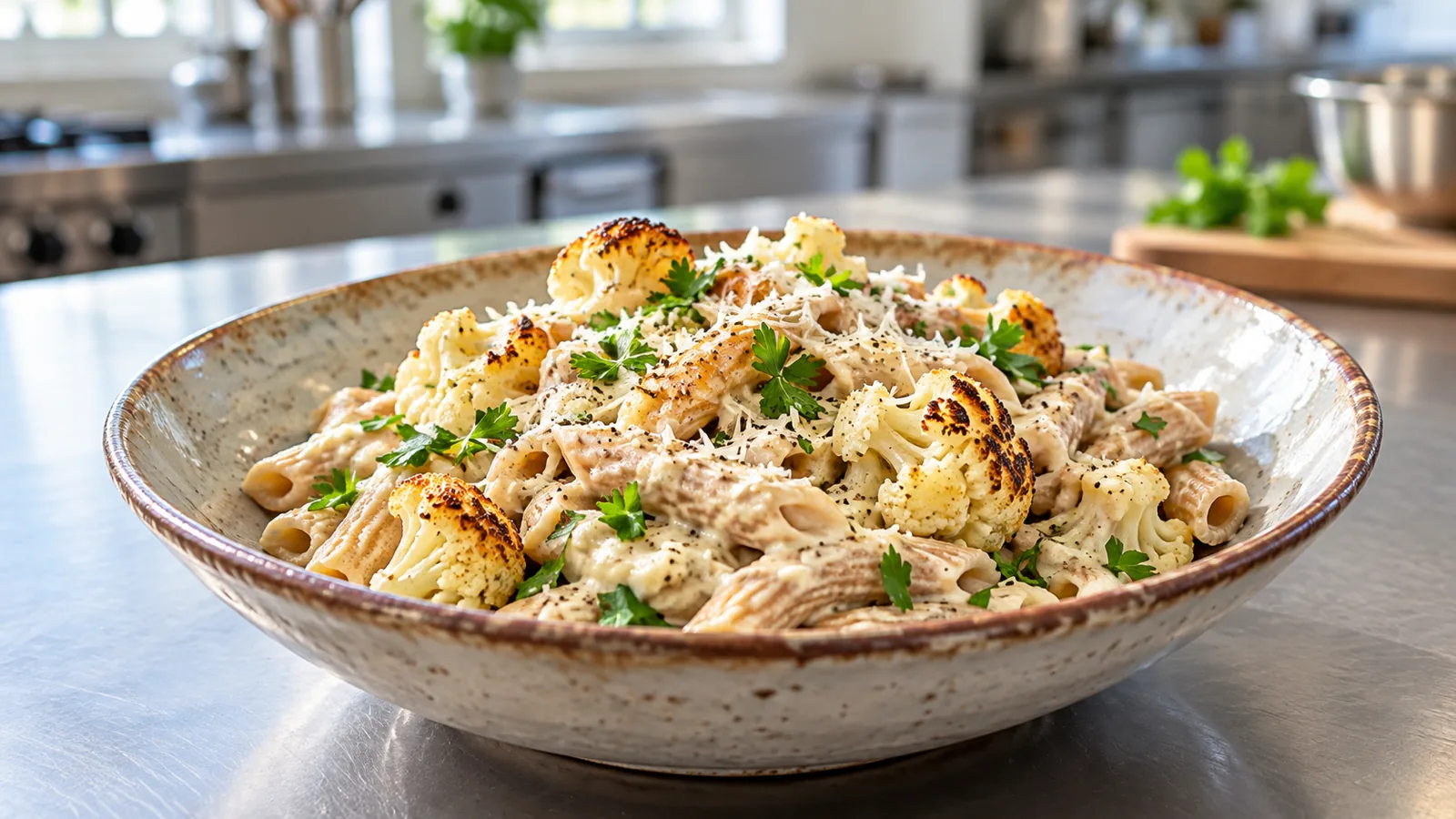 Cauliflower Alfredo with Whole Grain Pasta &mdash; cooked in Food Explorers