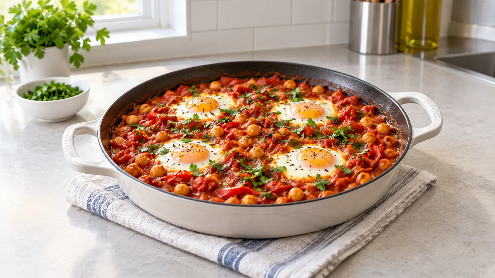 Chickpea Shakshuka with Warm Pita &mdash; cooked in Food Explorers