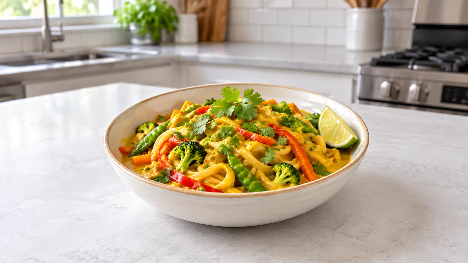 Golden Coconut Sweet Potato Curry Noodles &mdash; cooked in Food Explorers